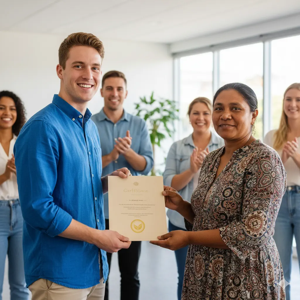Volunteer receiving certificate of service recognition from charity organization