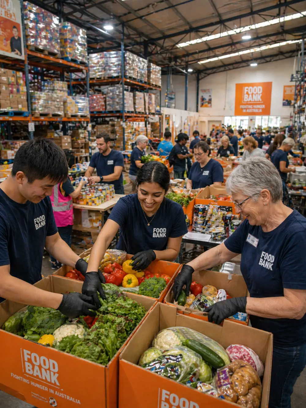 Foodbank Australia warehouse volunteers sorting food donations for distribution to charities nationwide